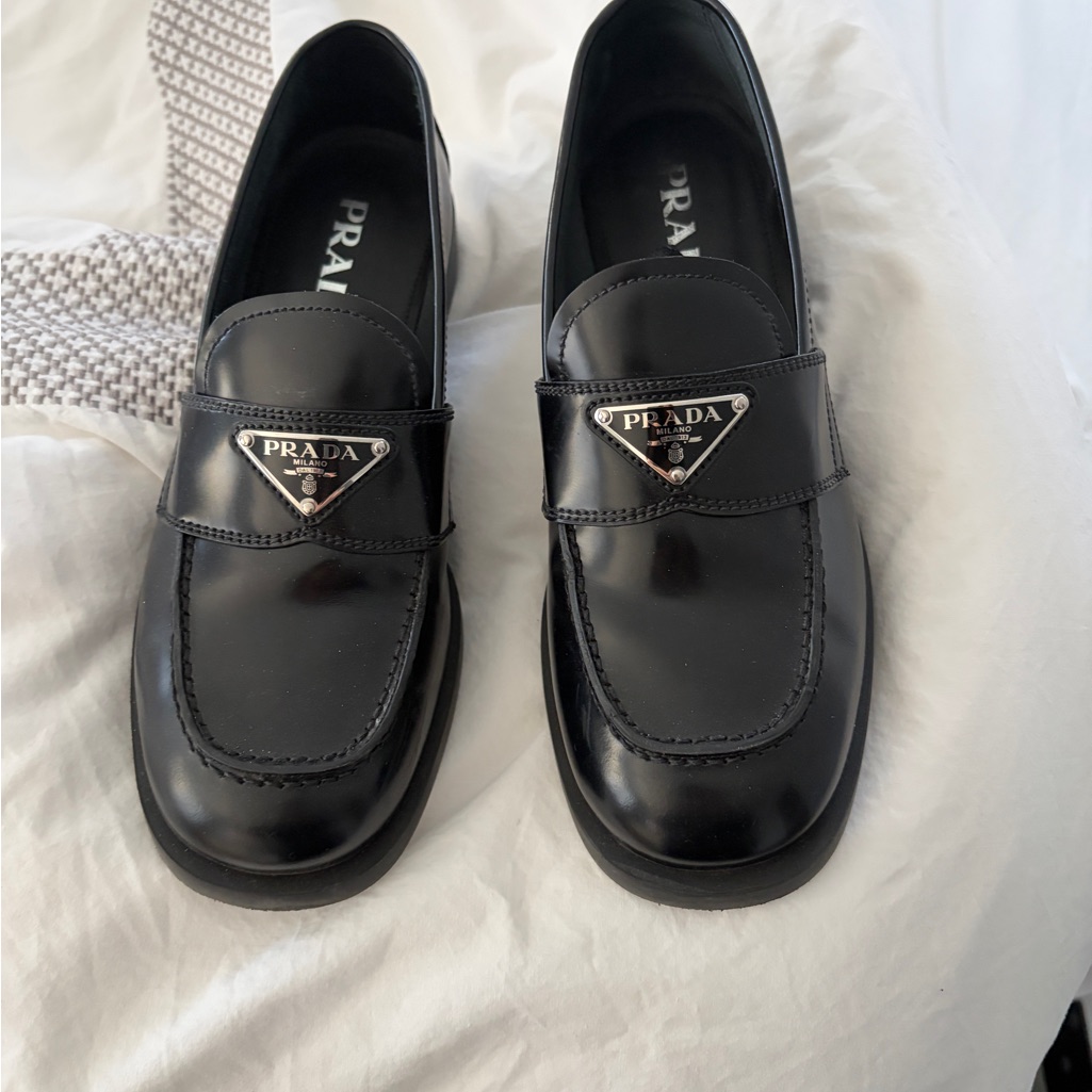 Prada Black Leather Logo Triangle Penny Loafers